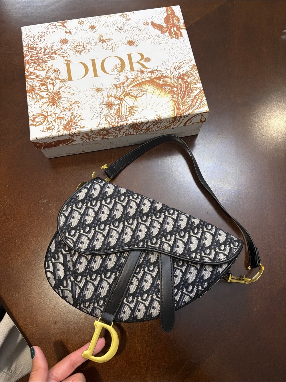 Dior Black and White Saddle Bag with Gold 'D' Charm